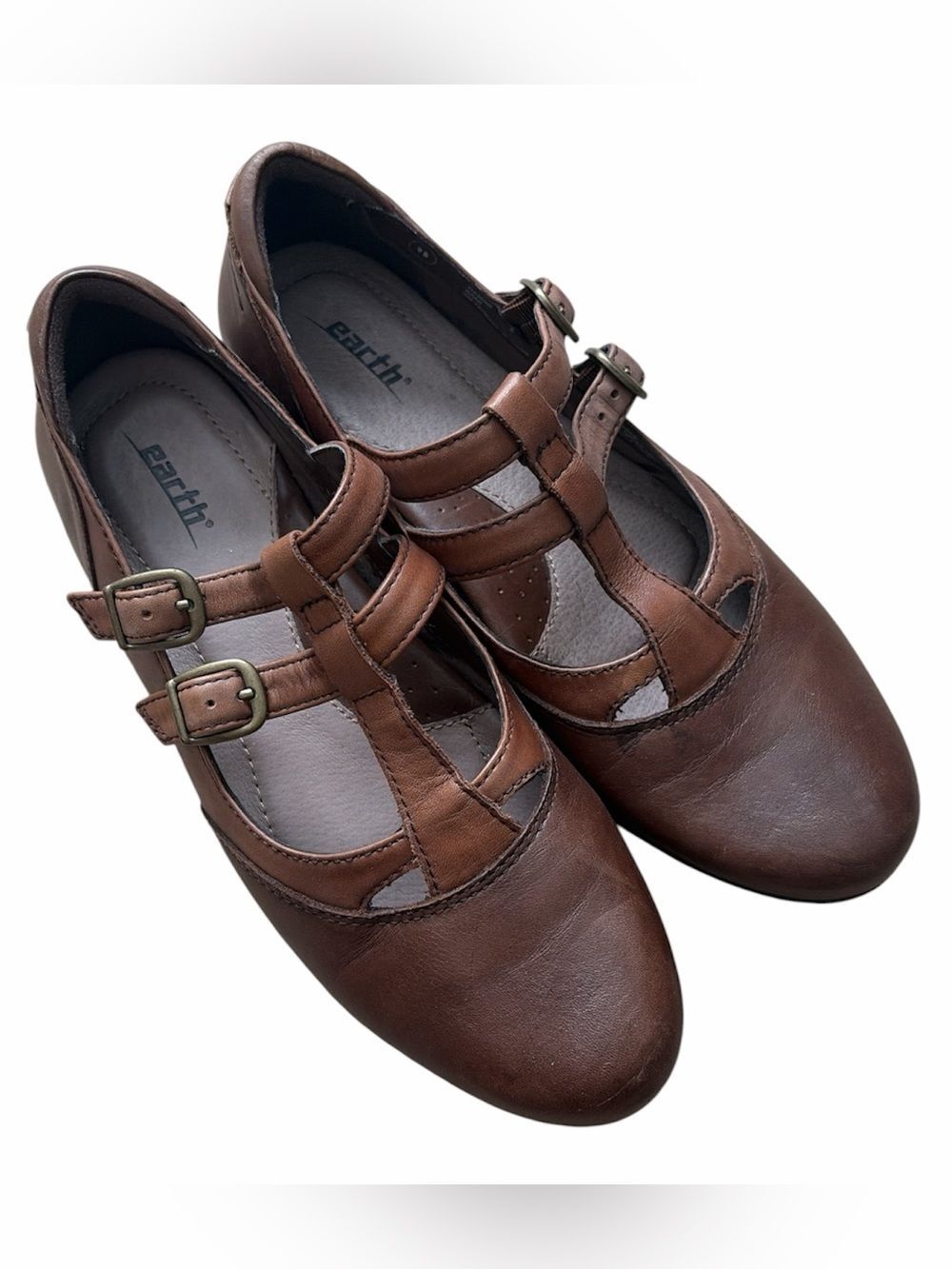 Earth Women’s Brown Double-Buckle T-Strap Mary Jane Leather Flats Sz 9